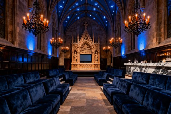A long, chapel-like media room features a ribbed vaulted ceiling washed in blue light with small star LEDs, and an ornate carved stone reredos that frames a flat screen at the front. Deep navy velvet sofas are arranged in tiered rows along a central aisle over limestone tiles, with dark-stained wooden wall paneling, wrought-iron candelabra chandeliers casting warm candlelight, and a white-and-black marble bar with bottles on the right.