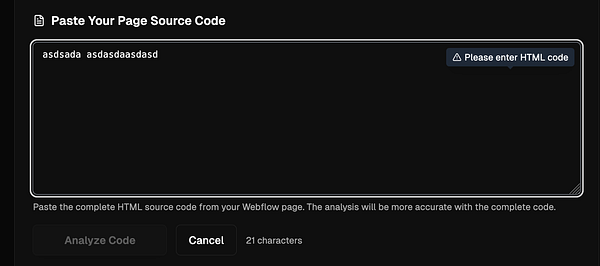 A user interface for pasting HTML source code with validation prompts.