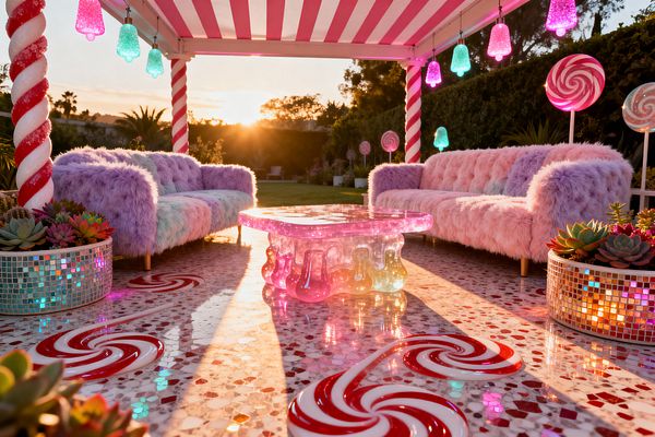An outdoor patio styled like a candy fantasy features two pastel faux-fur sofas beneath a pink-and-white striped canopy with candy-cane wrapped posts. A translucent resin coffee table with drippy forms sits on terrazzo flooring inlaid with red-and-white lollipop swirls; mirror-mosaic planters filled with succulents and hanging gumdrop-like pendants in pink, aqua, and purple glow as the sun sets over a manicured lawn.