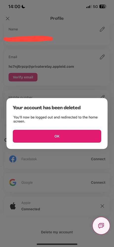 A mobile app interface displaying a profile section with an account deletion confirmation message.