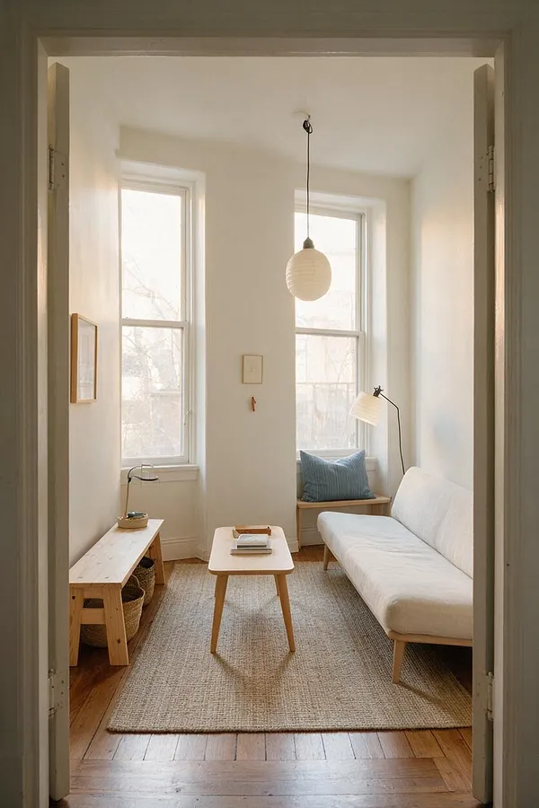 A narrow Scandinavian-style sunroom with tall white walls and two tall windows flooding the space with natural light. The room includes a low white sofa, a small pale wood coffee table, a woven area rug, a simple wooden bench with baskets underneath, a blue cushion, and a paper pendant light hanging from the ceiling.