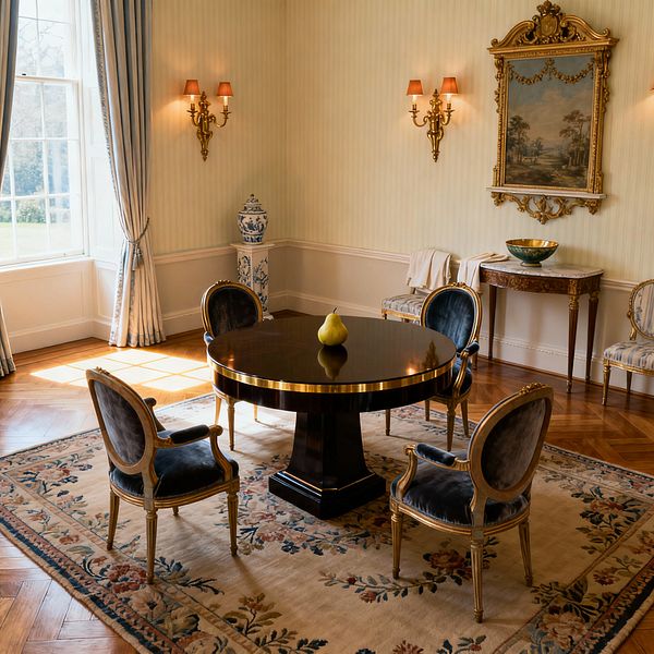 A traditional dining room features a round, high-gloss dark-wood pedestal table surrounded by four gilt-framed chairs upholstered in dark velvet, all set on a floral wool rug over herringbone parquet. Cream pinstripe walls with white wainscoting hold brass sconces and an ornate framed landscape above a carved console; a tall window with pale blue drapery and a blue-and-white porcelain urn on a plinth complete the scene.