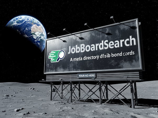 A futuristic billboard for JobBoardSearch is prominently displayed on the moon's surface with Earth visible in the background.