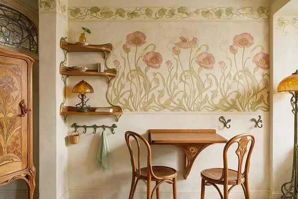 A small Studio Apartment corner styled in Art Nouveau, featuring a tiny wooden drop-leaf table with two curved-back wooden chairs, floral mural wallpaper with pink poppies, and flowing vine border details. Curved wooden shelves, an amber glass lamp, and warm cream walls create an elegant vintage atmosphere.