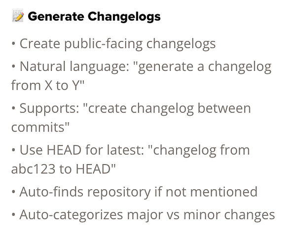 The image displays a list of features for generating changelogs using a chatbot.