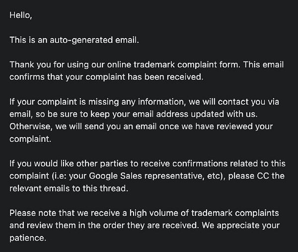 Auto-generated email confirming receipt of a trademark complaint submitted via an online form.