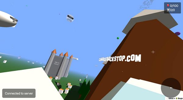 A 3D virtual environment featuring a mountain with the text 'chargebackstop.com' prominently displayed.