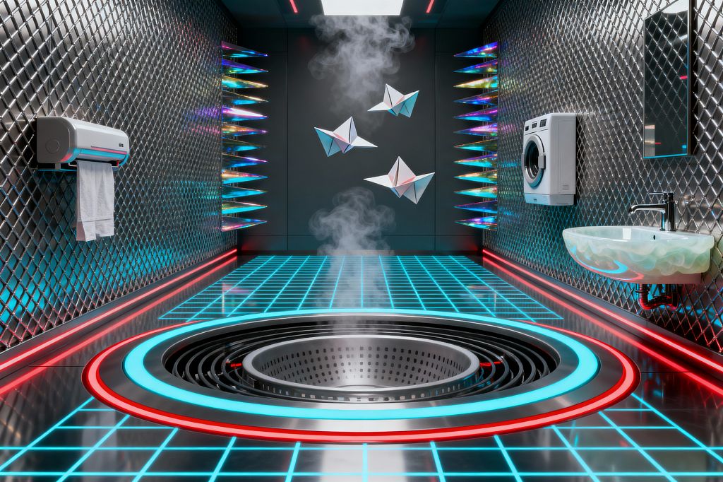 A tunnel-like cyberpunk laundry room has metallic diamond-patterned walls washed in cyan and magenta LEDs. A glossy black floor glows with a bright grid that leads to a large recessed circular steel drum emitting steam. On the right wall sit a wall-mounted front-load washer, a slim mirror, and an iridescent translucent sink with a chrome faucet, while the left wall holds a towel dispenser. Both walls feature prismatic, holographic spike-like fins, and a ceiling panel lights floating origami-like sculptures.