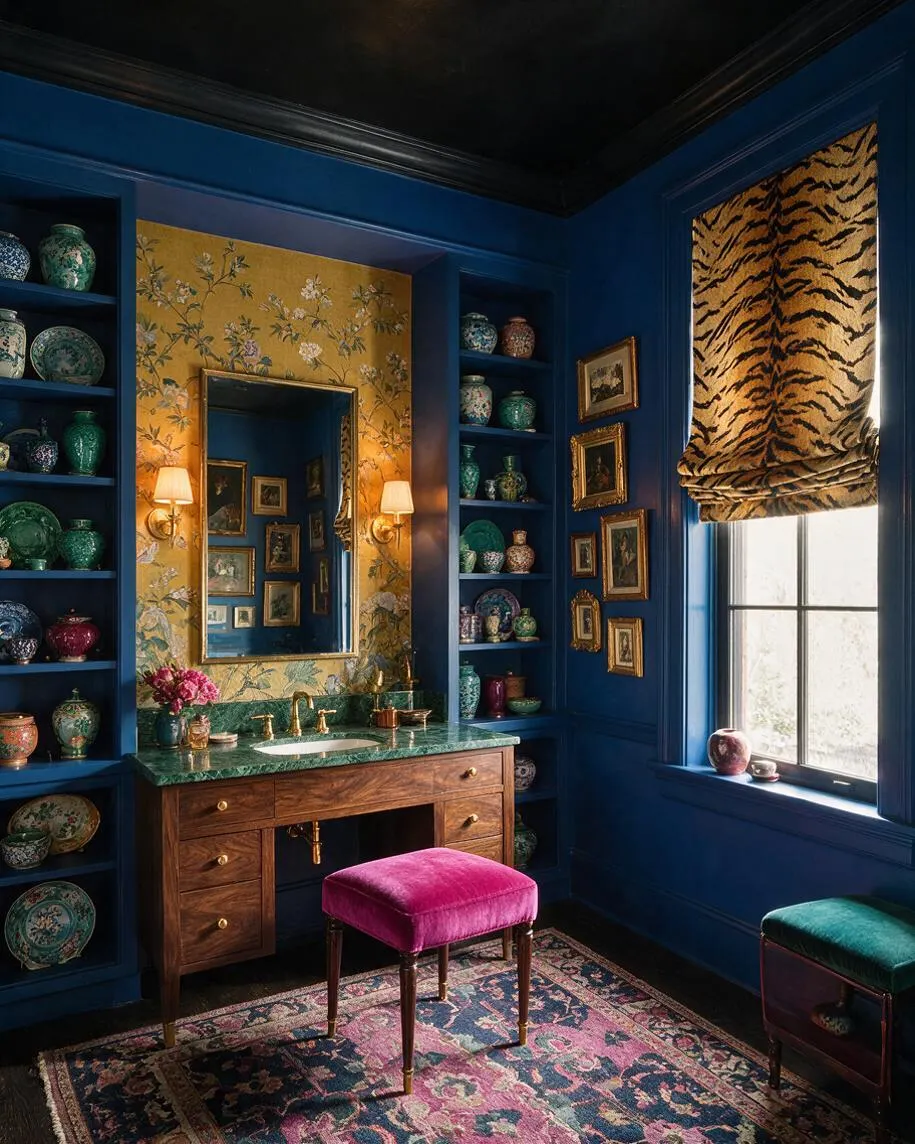 A maximalist powder room with deep navy built-in shelves filled with colorful decorative ceramics, a wood vanity with a green marble countertop, and a gold-framed mirror centered on floral wallpaper. A tiger-print Roman shade covers the window, and a patterned rug and velvet stools in magenta and green complete the rich, layered look.