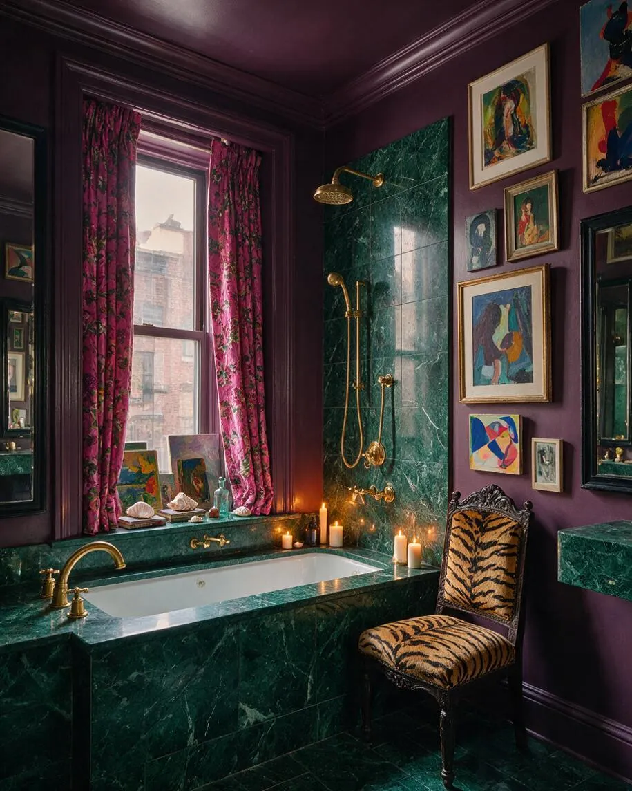A maximalist master bathroom with deep plum walls, emerald green marble around the tub and shower, and a white soaking tub built into the stone surround. Pink floral curtains frame a tall window, while a tiger-print chair and a gallery of colorful framed artwork add dramatic personality.