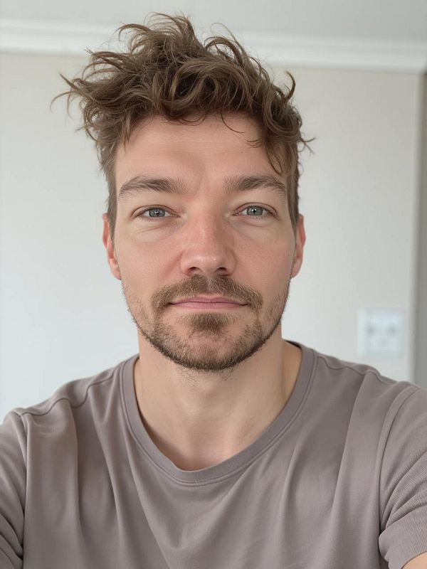 A man with tousled hair poses for a close-up selfie.