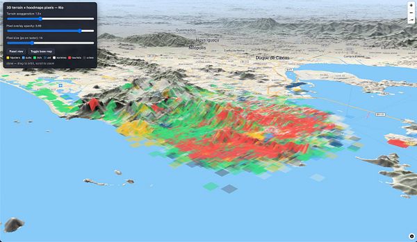 3D visualization of Rio's Rocinha neighborhood highlighting streets and areas in color-coded blocks.