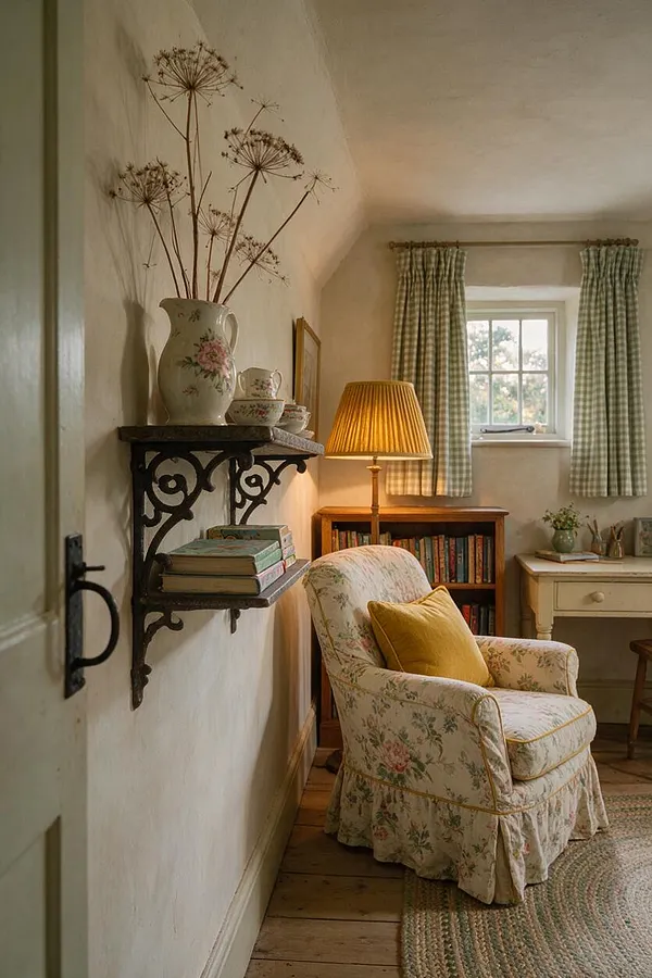 A cozy cottagecore kids' room with a floral slipcovered armchair, mustard pillow, and braided rug on wooden floorboards. Gingham curtains frame a small window above a wooden bookcase and desk, while a wrought-iron wall shelf displays books, a floral pitcher, and dried flowers.