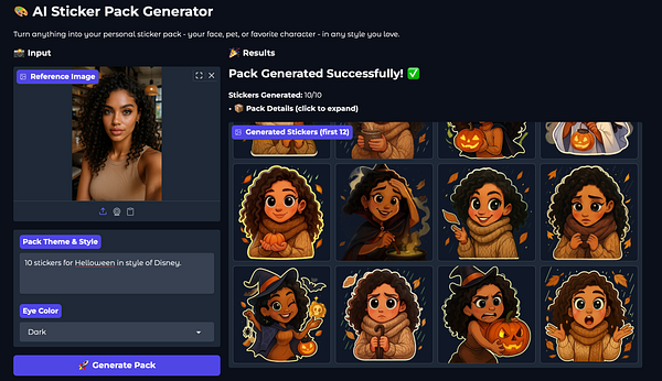 The image displays an interface for an AI sticker pack generator showcasing generated stickers based on a reference image.