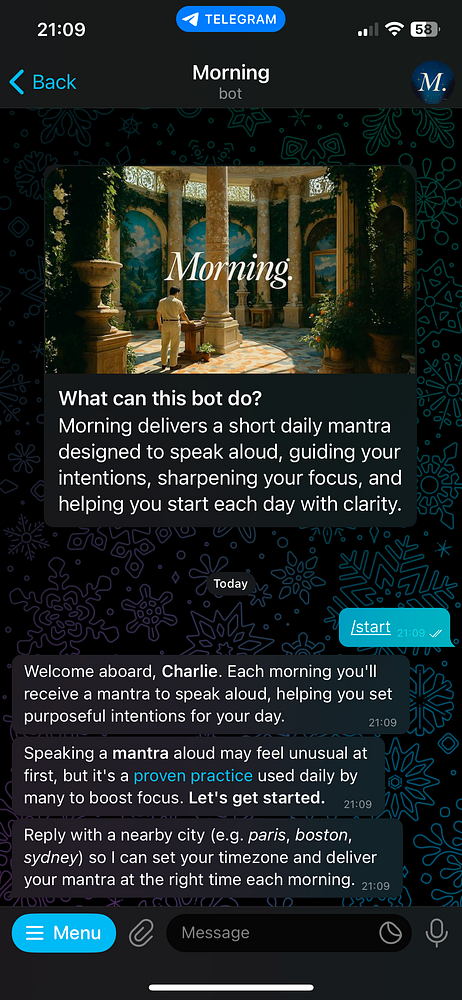 The image displays a Telegram chat interface featuring a bot named 'Morning' that provides daily mantras.