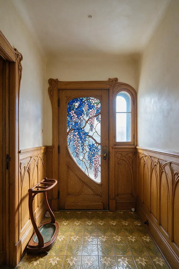 A narrow Art Nouveau entryway with warm wood wall paneling, an ornate wooden front door, and a stained-glass inset featuring blue and pink floral vines. Decorative tile flooring with lily-like motifs and a sculptural wooden umbrella stand complete the elegant, vintage look.