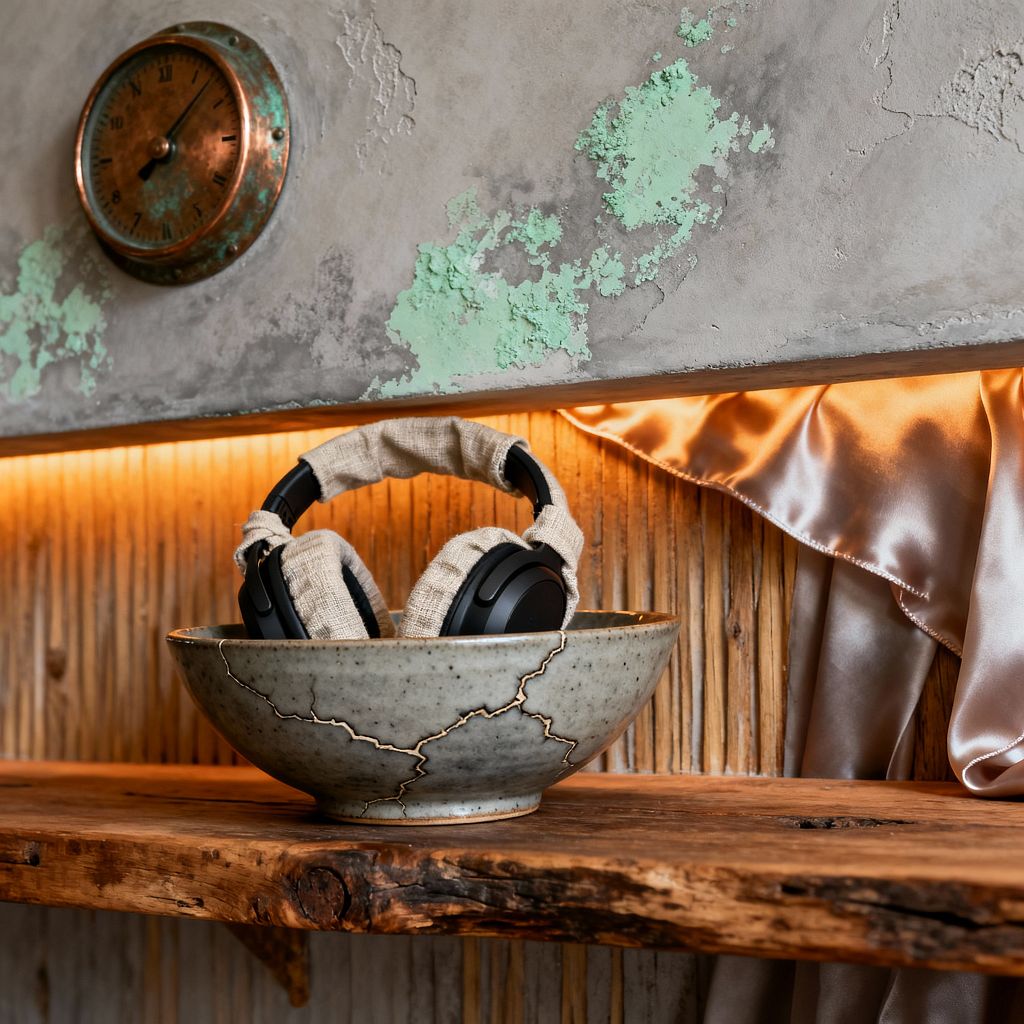 Detail of a Wabi-Sabi media nook featuring a live-edge wooden shelf holding a kintsugi-repaired gray stoneware bowl with black over-ear headphones wrapped in linen. Behind the shelf, vertical bamboo slats are washed by warm amber LED lighting; above, a rough, hand-troweled concrete wall shows patches of mint-green verdigris and an aged copper clock, while a draped champagne satin curtain softens the scene.