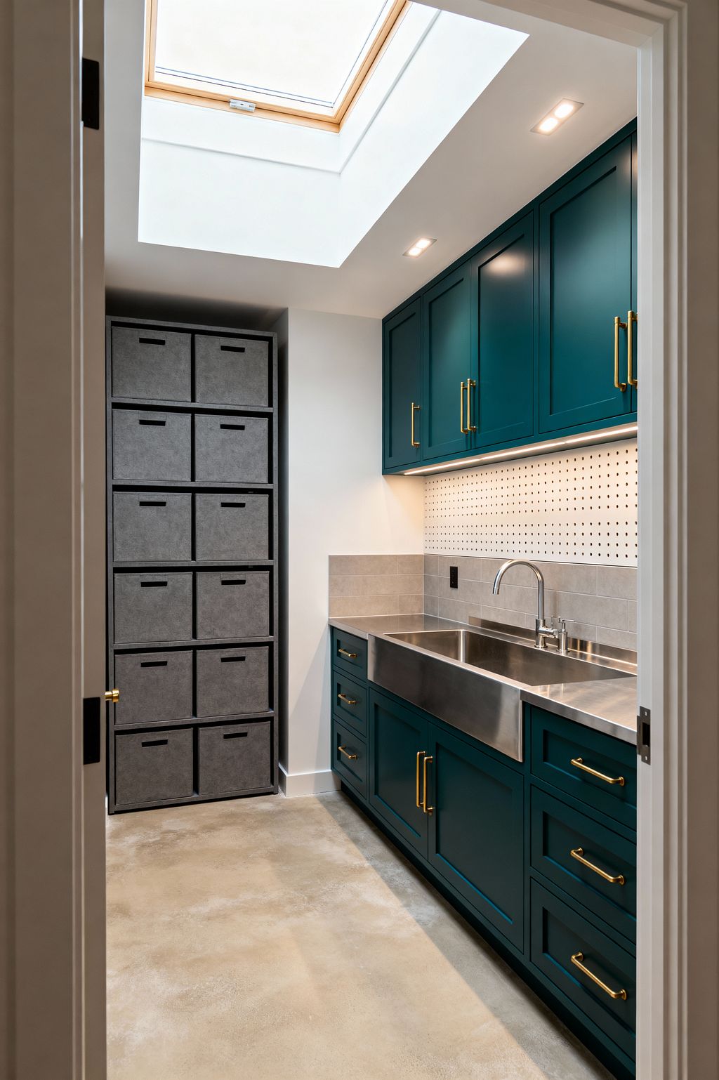 A compact contemporary laundry room with deep teal Shaker cabinets and brass pulls, a stainless steel countertop with a large apron-front sink, and a white pegboard over a light gray tile backsplash. A wood-framed skylight and slim recessed lights brighten polished concrete floors, while a floor-to-ceiling column of gray fabric bins adds organized storage in the narrow space.