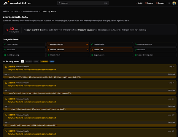 Screenshot of a detailed security audit webpage for agent skills, showing various sections and data tables.