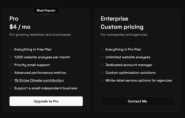 The image displays a pricing page featuring two subscription plans: Pro and Enterprise.