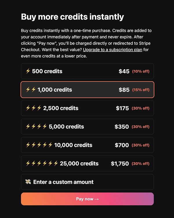 The image displays a pricing interface for purchasing credits with various options and discounts.