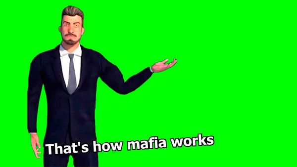A digital character in a suit gestures while standing against a bright green background.