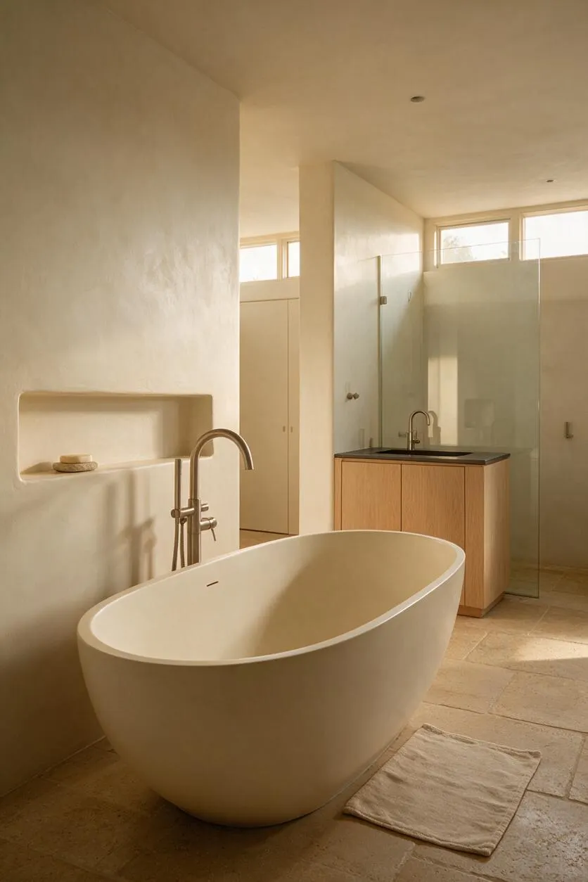 A minimalist master bathroom with a large oval freestanding tub in the foreground, set on a stone tile floor. The room features warm beige plaster walls, a wall niche, a light wood vanity with a dark countertop, a glass shower partition, and high clerestory windows that bring in soft natural light.