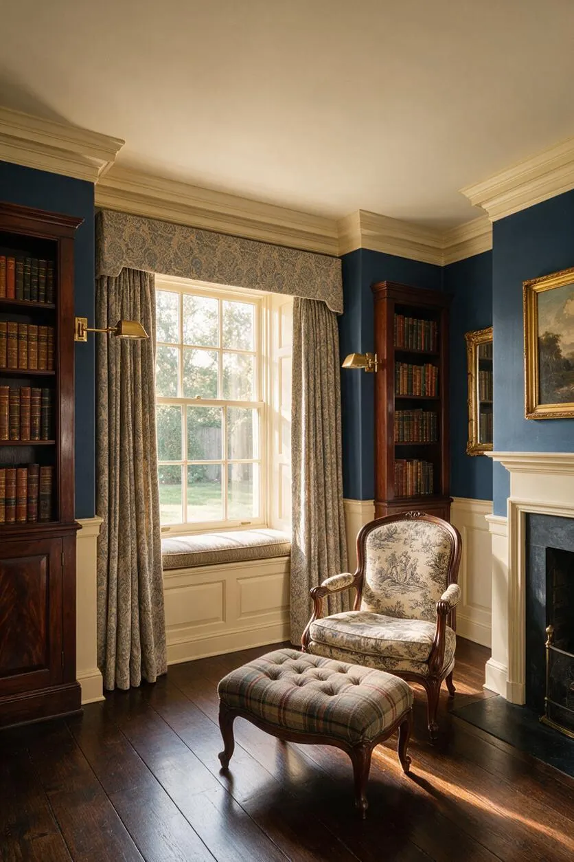 A traditional sitting room with deep blue walls, cream crown molding, dark wood bookshelves, and a large window dressed in patterned drapes and a fabric valance. A floral upholstered armchair and matching ottoman sit on dark hardwood floors beside a fireplace and framed artwork, with sunlight streaming in from the backyard beyond the window.