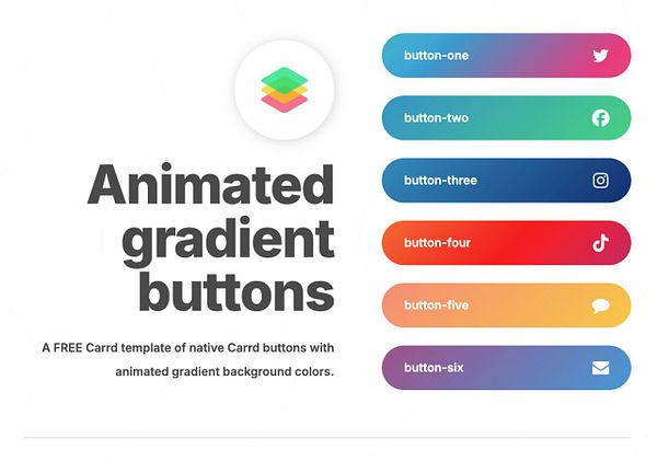 The image displays a collection of animated gradient buttons designed for a Carrd plugin.