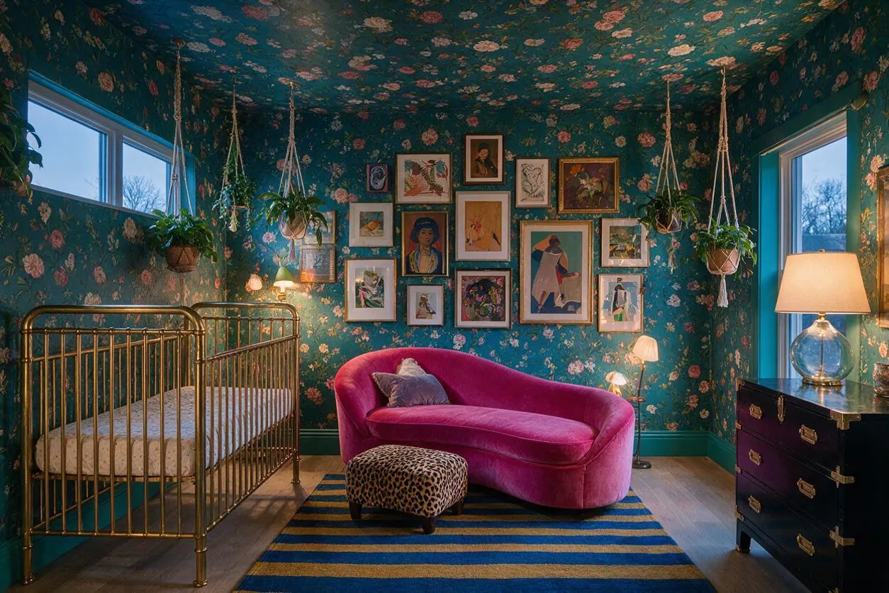 A maximalist nursery with teal floral wallpaper and a matching ceiling, a brass crib on the left, and a vivid magenta velvet chaise lounge centered on a striped blue-and-gold rug. Framed artwork fills the back wall, with hanging plants, a black chest of drawers, and warm table and floor lamps creating a cozy, layered glow.