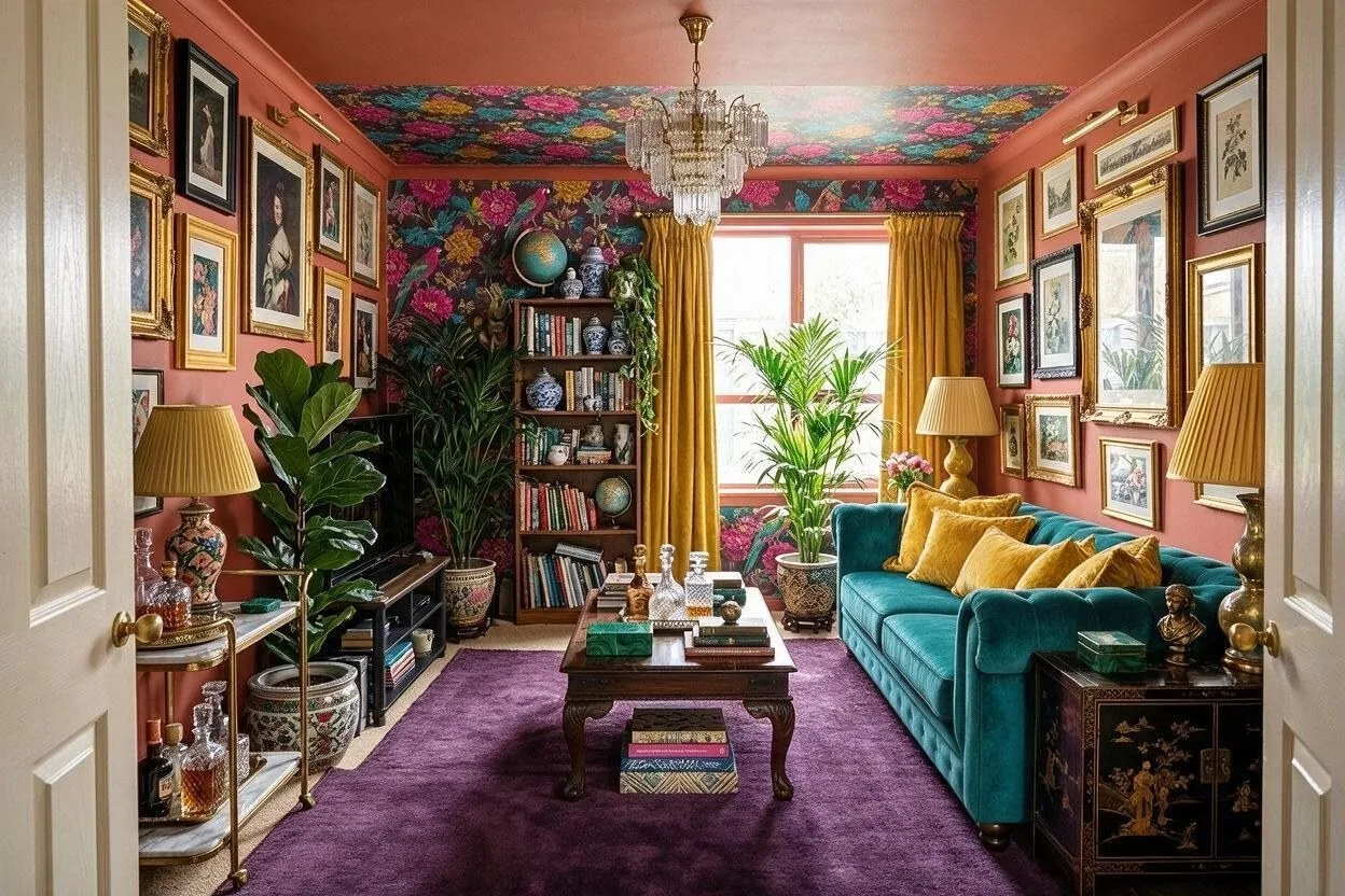 The same Maximalist living room in the Terracotta Bazaar palette: terracotta, teal, saffron, plum, and gold