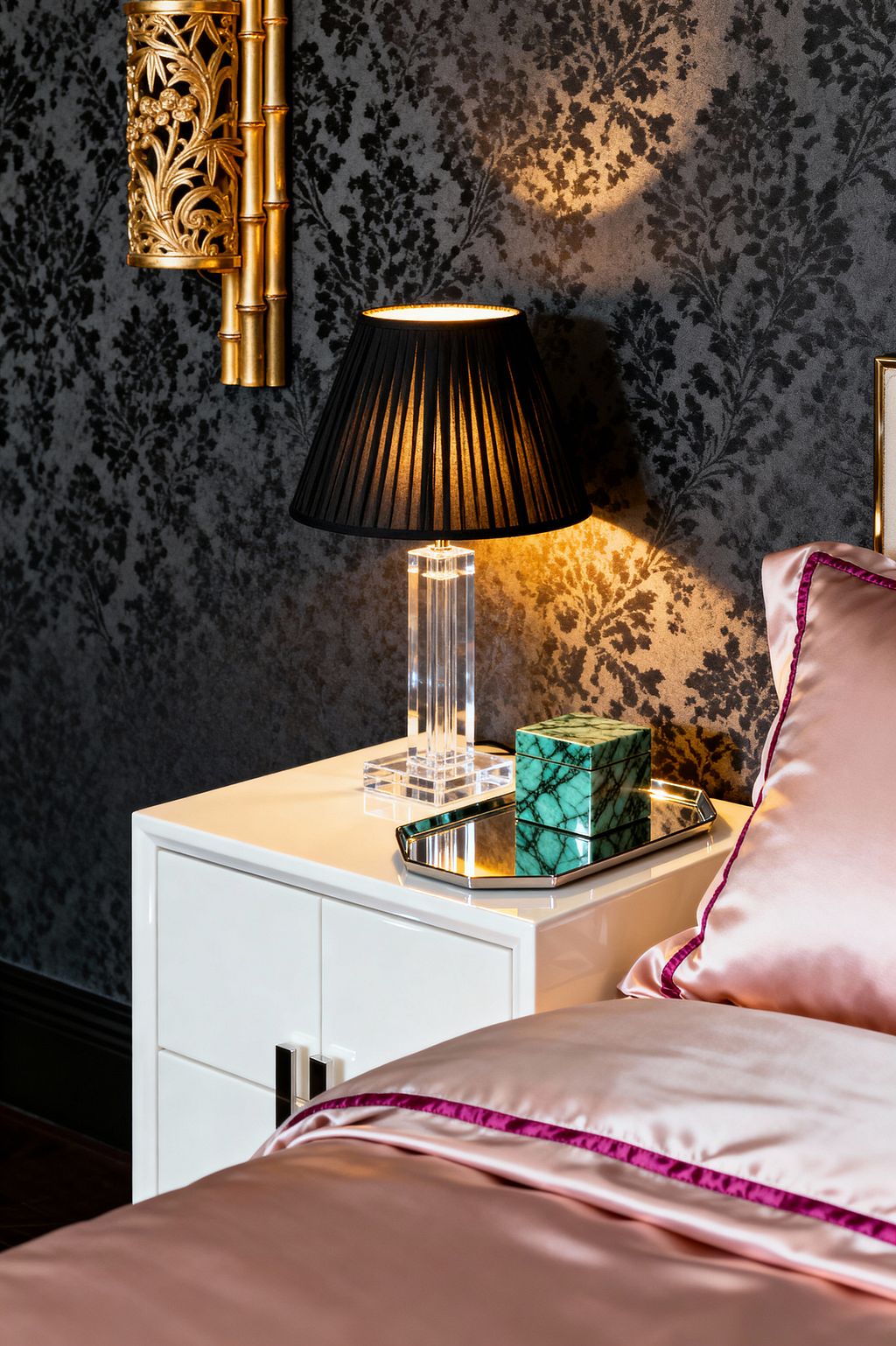 A bedroom vignette shows a white high-gloss nightstand against charcoal black damask wallpaper. A clear lucite column lamp with a black pleated shade casts warm light beside an ornate gold floral wall sconce. On the nightstand sit a mirrored octagonal tray and a small emerald-green malachite box. The bed features blush pink satin bedding with magenta piping and a hint of a framed headboard, creating a glamorous, vintage-inspired mood.