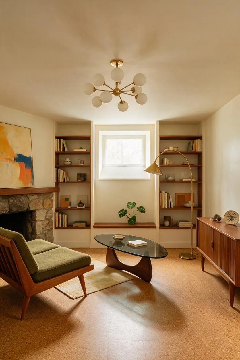 A cozy mid-century modern basement lounge with a walnut armchair, a kidney-shaped glass coffee table, built-in bookshelves flanking a small window, and a brass arc floor lamp. The room features a stone fireplace, a sculptural globe ceiling light, warm neutral walls, and a low wood credenza, creating a refined retro atmosphere.