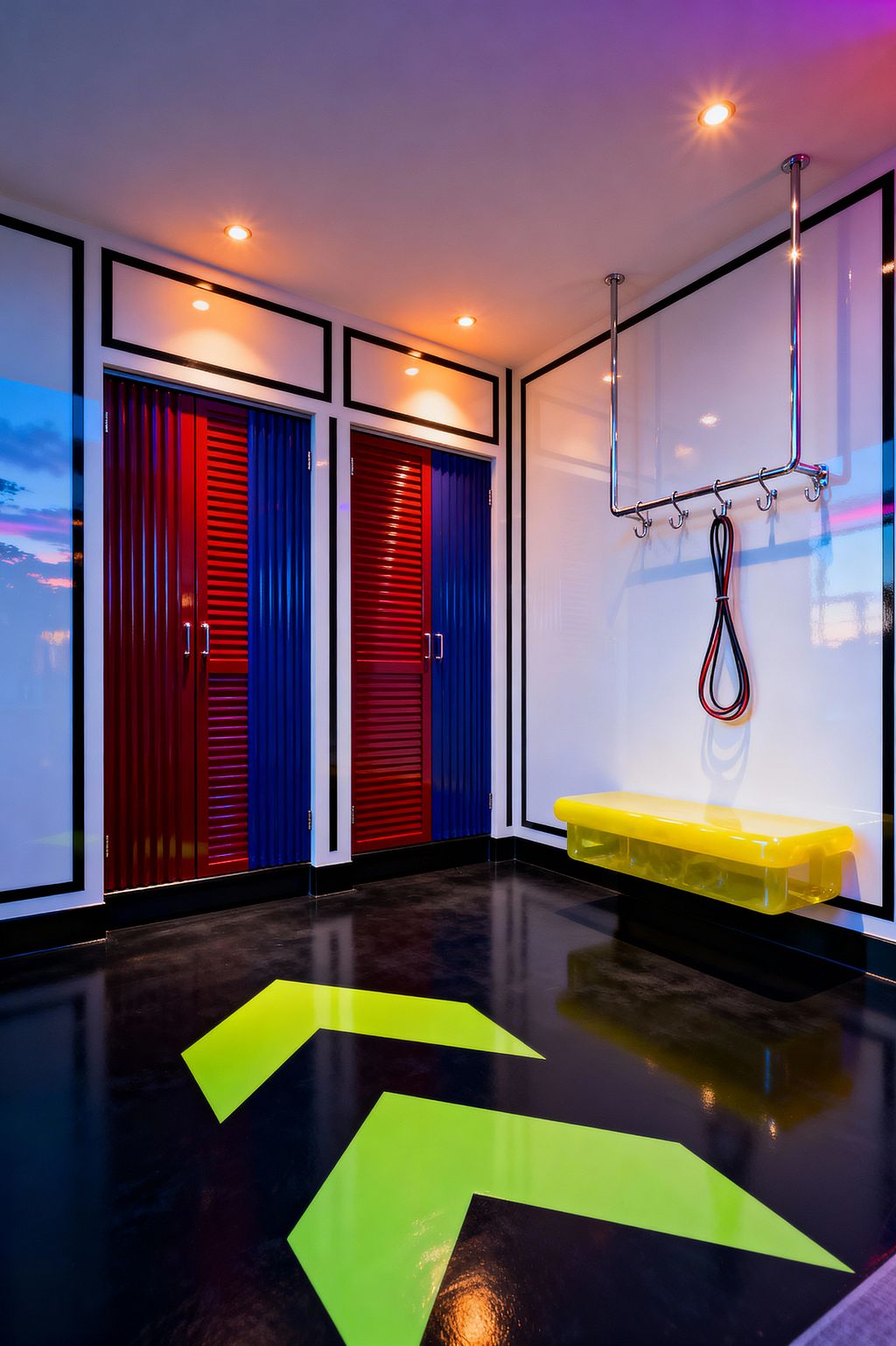 A glossy Pop Art mudroom with white walls outlined in black, two louvered closet doors painted in alternating cobalt blue and cherry red, and a floating translucent yellow bench. A ceiling-suspended chrome rail with hooks holds a looped red-and-black cord, while a high-gloss black floor features large neon-lime chevron graphics; warm recessed spotlights and subtle colored glow reflect across shiny surfaces, highlighting bold lines and primary colors.