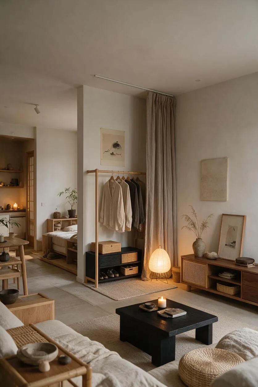 A calm Japandi-style closet area with a light wood clothes rack holding neutral shirts and jackets, woven storage baskets, and a soft floor lamp beside a beige curtain. The room features warm wood furniture, a black low table, textured rugs, and minimal wall art in a muted neutral palette.
