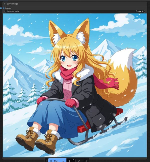 A cheerful anime character with fox features is sledding down a snowy hill.