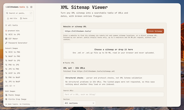 Screenshot of an online XML Sitemap Viewer tool interface with navigation sidebar and sitemap analysis results.