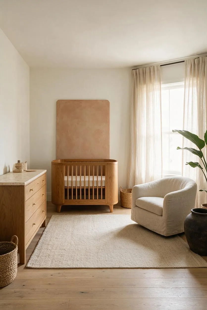 A serene nursery in soft neutral tones features a wooden crib centered against a pale wall, a cream upholstered chair by a sunlit window with sheer curtains, and a light oak dresser with a stone top. A textured area rug, woven baskets, and a large dark planter add organic warmth and balance.