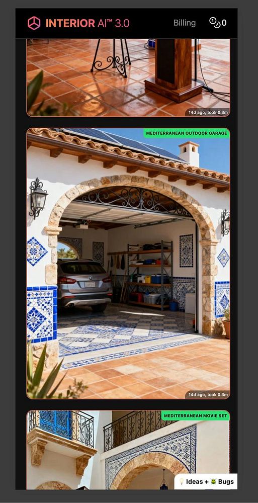 The image features a user interface displaying various Mediterranean-themed architectural designs.