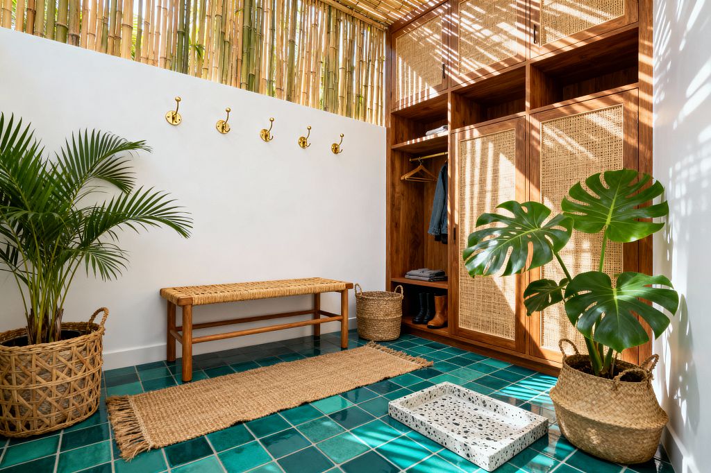 A bright tropical mudroom with emerald square floor tiles, white walls, and a clerestory of vertical bamboo casting striped shadows. A woven bench and jute runner sit opposite tall warm-wood cabinets with cane fronts and open cubbies, with brass wall hooks above; potted palm and monstera in seagrass baskets and a terrazzo shoe tray complete the airy, plant-filled entry.