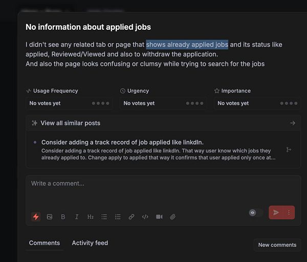The image displays a user interface for a task management system discussing job application tracking features.