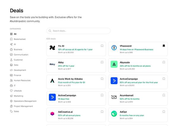 Screenshot of BuildInPublic.com deals page featuring filters and multiple deal listings with option to switch views and share.