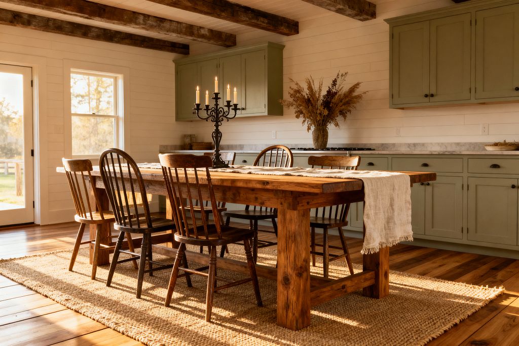 A warm farmhouse dining room features a large reclaimed-wood table with six spindle-back chairs on a chunky jute rug. White shiplap walls, exposed dark wood ceiling beams, and sage green Shaker cabinets with a light marble countertop line the back wall. A black iron candelabra and linen runner decorate the table, while wide-plank wood floors and afternoon light from a door and window create an inviting glow.