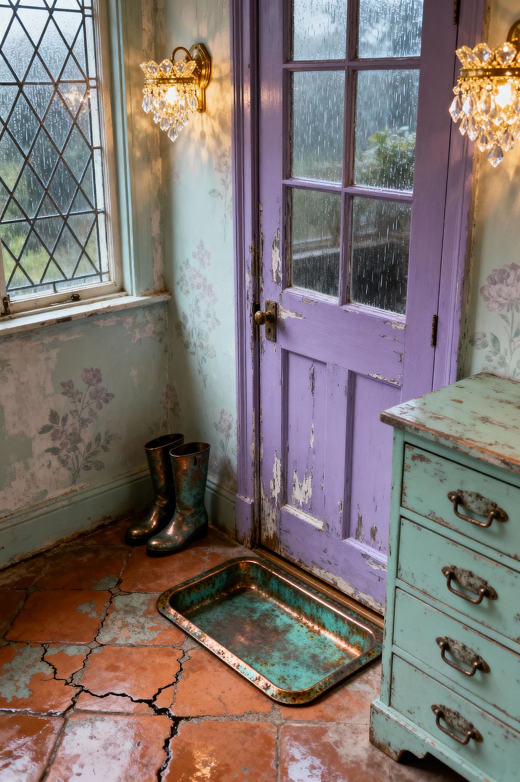 A shabby chic mudroom features a distressed lilac, glass-paneled door flanked by brass-and-crystal wall sconces, set against faded mint walls with soft floral motifs and a weathered turquoise chest with antiqued pulls. Cracked terracotta tiles hold iridescent rain boots beside a verdigris copper boot tray, while a leaded-glass window shows rain outside and amber light sparkles across the patinated metals and worn paint.