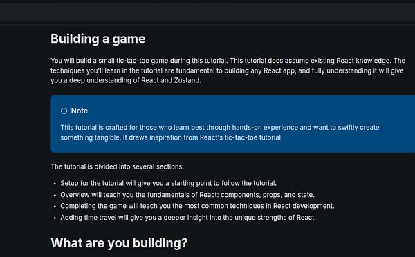 The image displays a tutorial interface for building a tic-tac-toe game using React and Zustand.