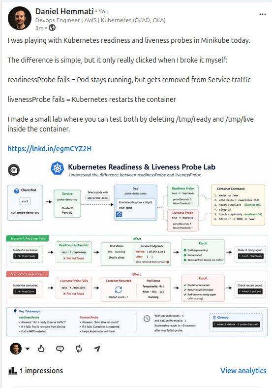 Diagram illustrating readiness and liveness probes in Kubernetes containers with related HTTP endpoints and statuses.