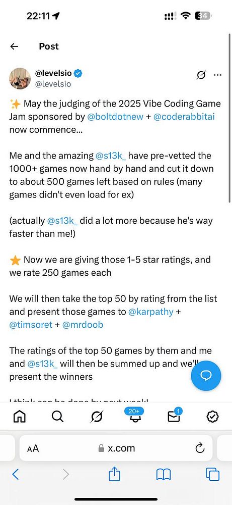 A Twitter post announcing the start of the judging process for the 2025 Vibe Coding Game Jam.