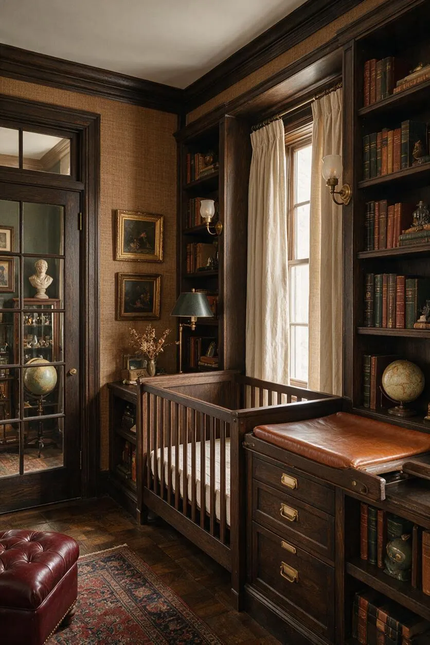 A moody nursery styled in Dark Academia fashion, with dark wood built-in bookshelves framing a window with cream curtains and a wooden crib centered below. Brass sconces, framed artwork, globes, and a leather changing table add a scholarly, vintage atmosphere.