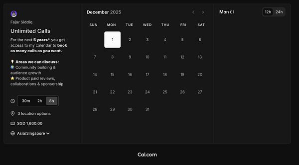 The image displays a scheduling interface for unlimited calls with Fajar Siddiq in December 2025.