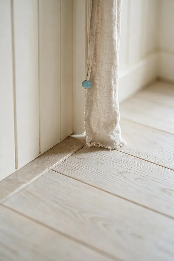 A close-up of a sheer linen curtain hanging beside a white paneled wall and pale wood floor. The raw-edged fabric is gathered with a small sea-glass blue bead, creating a relaxed coastal detail in a soft neutral interior.